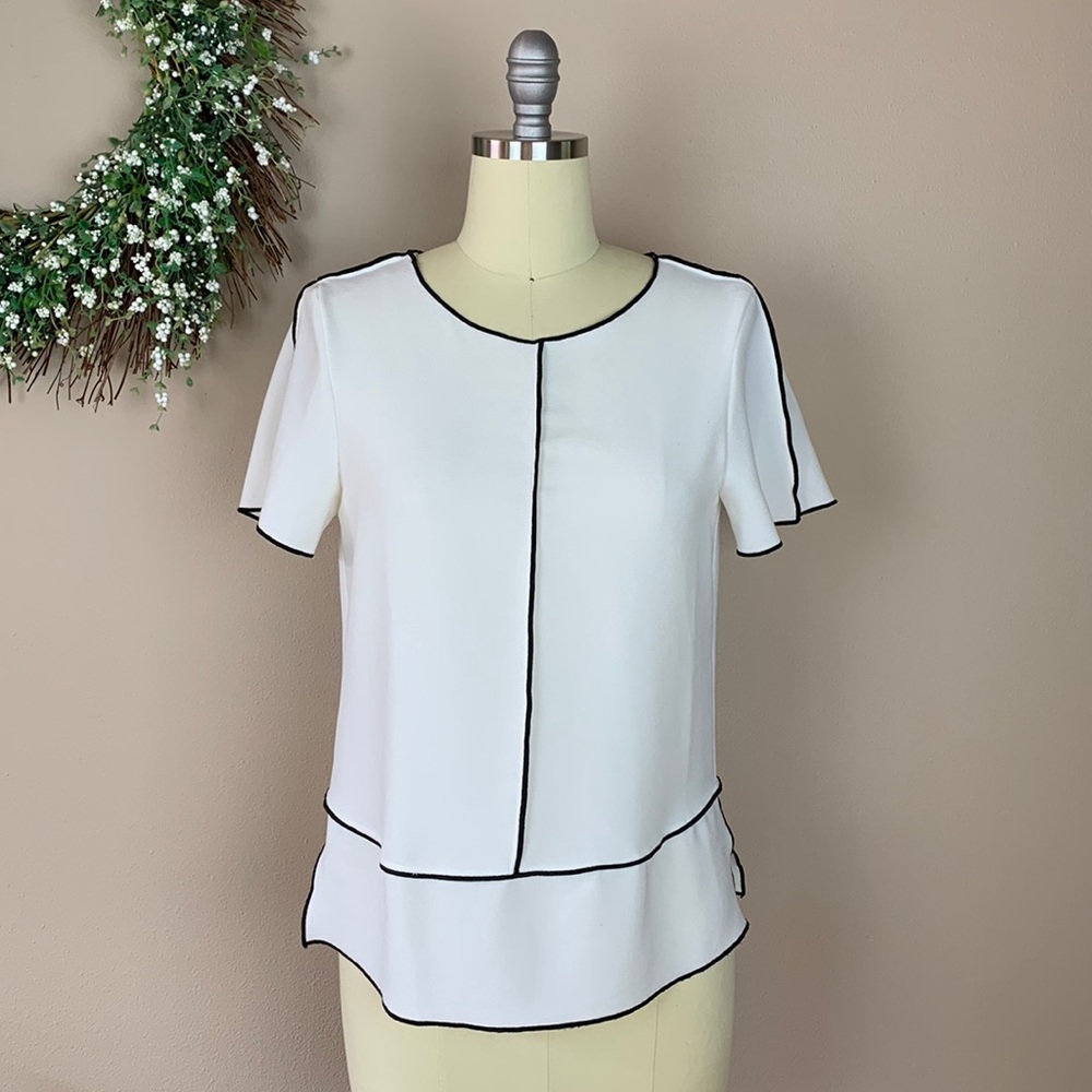 Zara Basic Collection Women’s White Short Sleeve Crepe Top Black Trim Size S